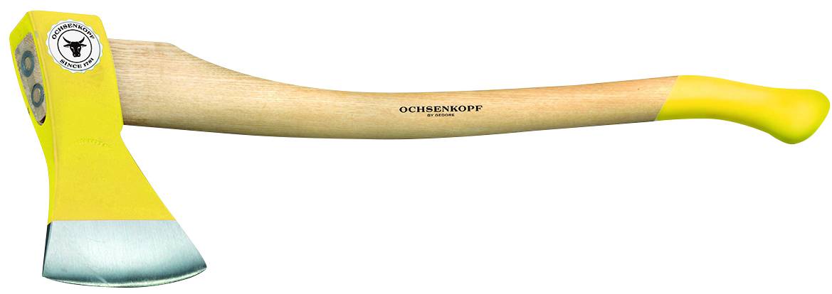 Eine Axt mit gelbem Stiel und Kopf, Aufdruck 'Ochsenkopf' und eine Schutzmarke auf dem Metallkopf.