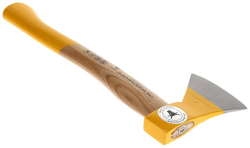 Ein Spalthammer mit gelbem Griff und Holzoptik, geeignet zum Spalten von Holzscheiten, mit einem metallischen Kopf und scharfer Klinge.