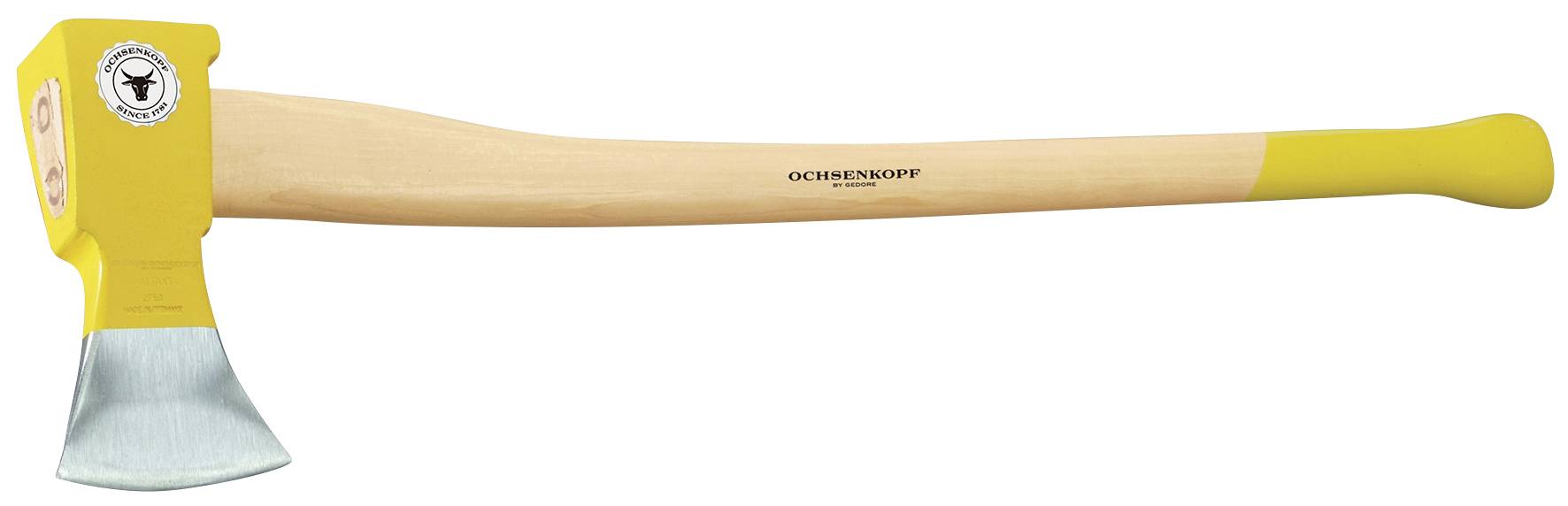 Eine gelbe Axt mit Holzgriff, Marke 'Ochsenkopf', liegt horizontal. Sie hat ein scharfes, metallisches Blatt und ein Logo auf dem Kopf.