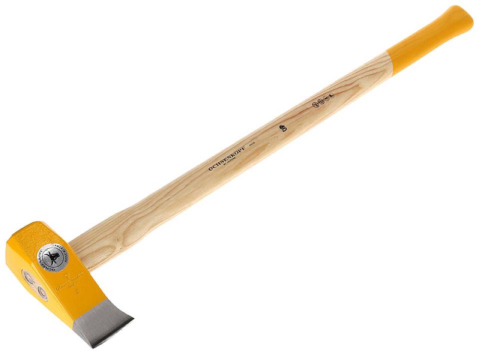 Holzspalt-Axt mit langem, hölzernem Stiel und orangefarbenem Kopf, geeignet zum Spalten von Holzscheiten.