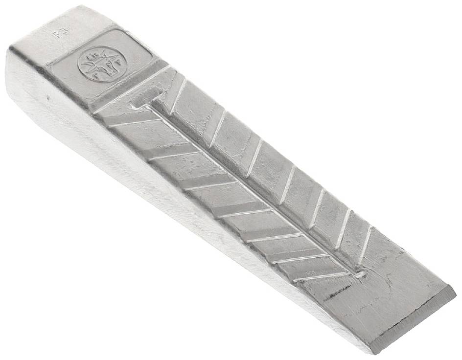 Ein silberner, keilförmiger Metallblock mit Rillen und einer Prägung auf der Oberseite.