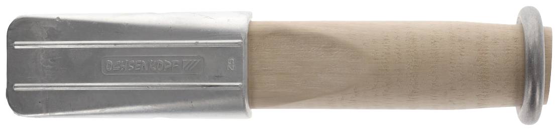 Holzgriff mit Metallbeschlägen, möglicherweise Teil eines Werkzeugs oder einer Maschine.