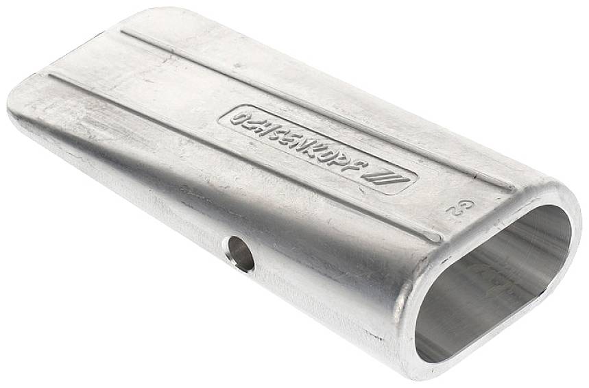 Metallischer Verbinder mit ovalem Querschnitt und eingeprägtem Markennamen. Verwendet zur Verbindung von Metallteilen.