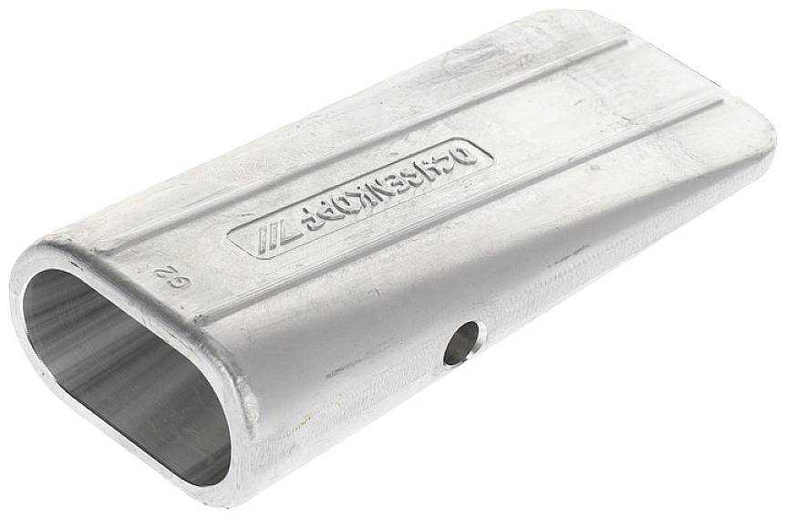 Metallverbindungsstück, rechteckig und hohl, mit Logo 'SCHLOSSER' an der Oberseite, verwendet zur Verbindung von Rohren oder Profilen.