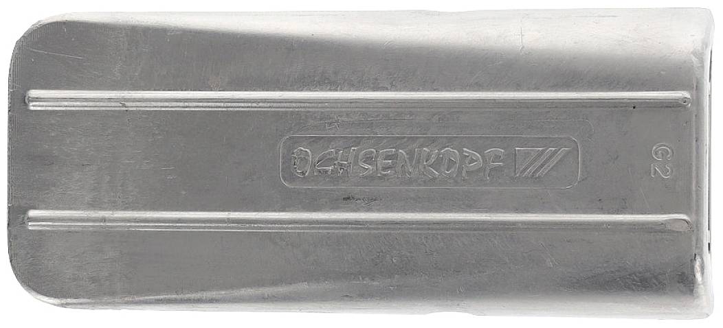 Metallischer Keil mit geprägtem Logo und Markierungen; dient vermutlich als Werkzeug; glänzende, rechteckige Form.