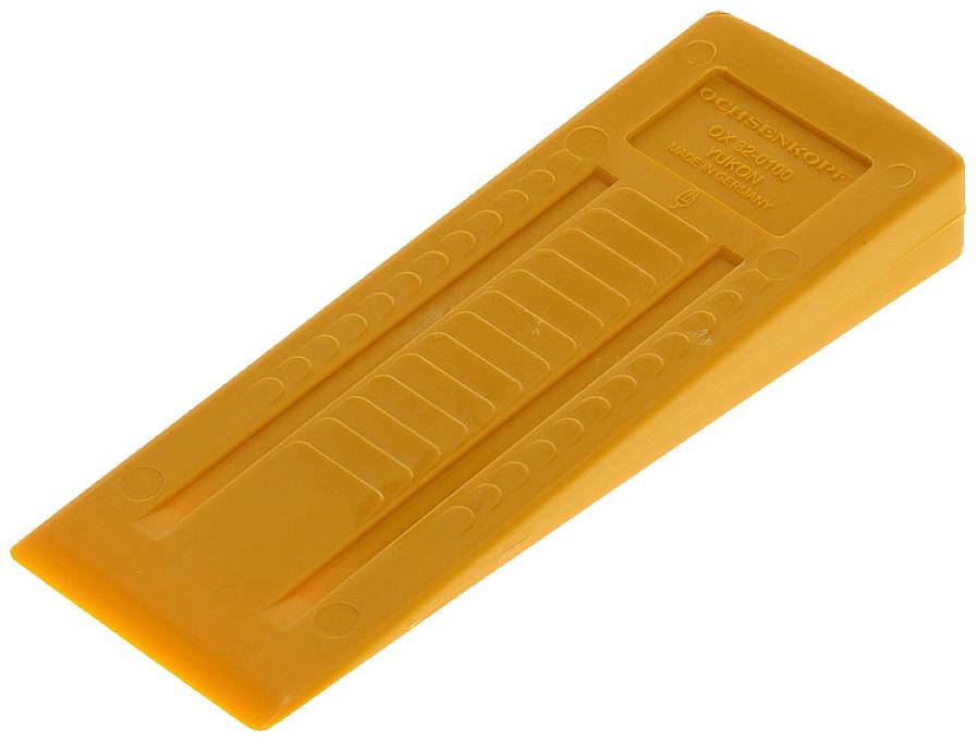 Ein orangefarbenes, keilförmiges Kunststoffwerkzeug mit einem geriffelten Griff. Wird häufig zum Ausrichten im Bauwesen verwendet.