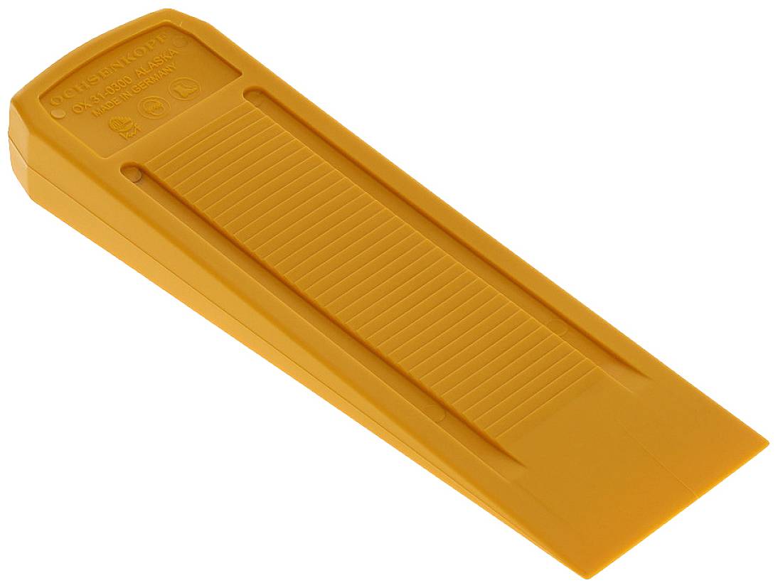 Ein orangefarbener Keil aus Kunststoff mit geriffelter Oberfläche, hauptsächlich als Türstopper oder für ähnliche Zwecke verwendet.