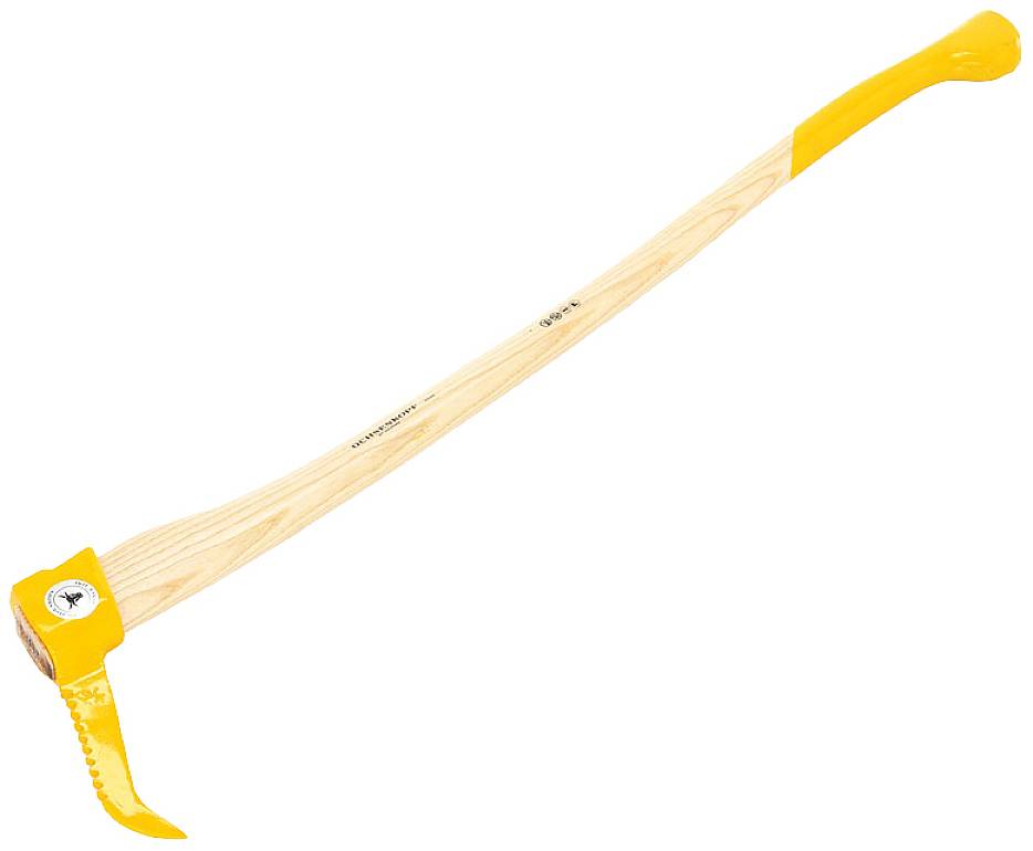 Holzzange mit langem Holzgriff und gelber Metallklinke, verwendet zum Greifen und Bewegen von Baumstämmen. Ideal für Forstarbeiten.