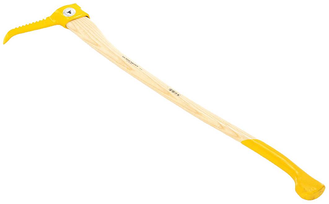 Holz-Holzzange mit gelbem Griff und Stahlkralle, verwendet für das sichere Heben und Transportieren von Stämmen.