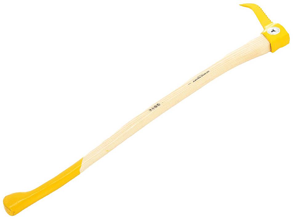 Ein gelber Pickaroon mit einem Holzgriff, der zum Bewegen von Holzstämmen verwendet wird.
