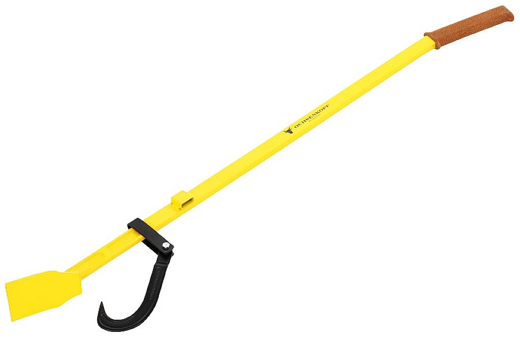 Ein gelber Fällheber mit einem Haken am Ende und einem rutschfesten Griff, verwendet zum Heben und Drehen von Holzstämmen.