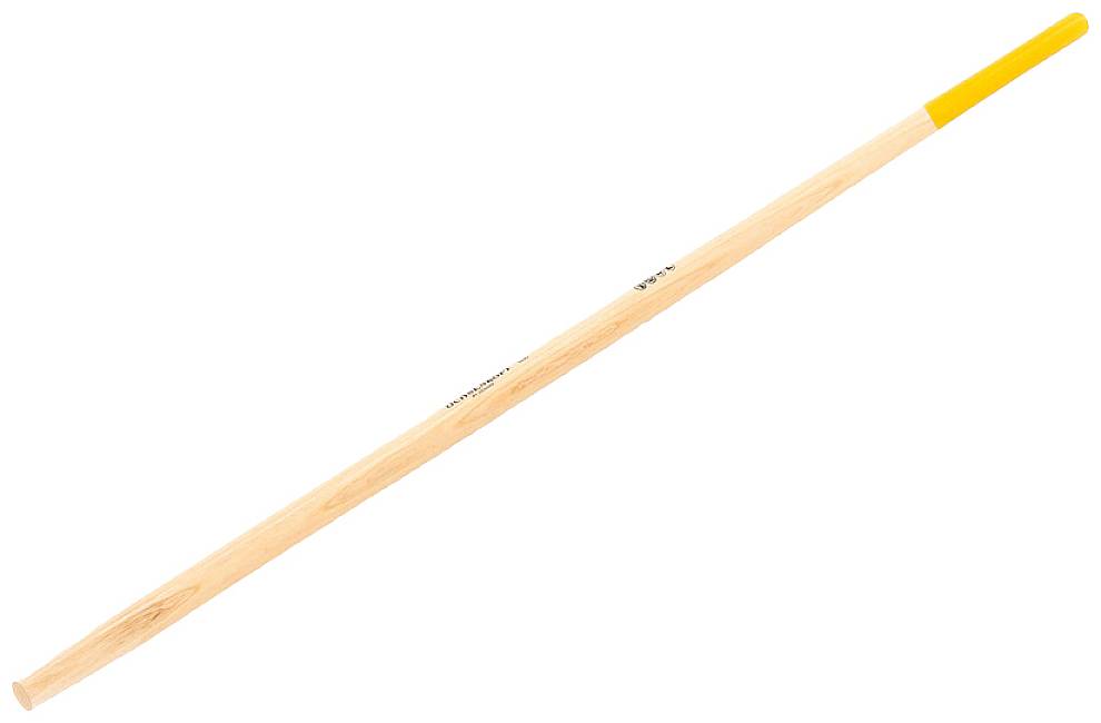 Ein einzelner Trommelstock aus Holz mit einem gelben Griff, der für das Trommeln auf Schlaginstrumenten verwendet wird.