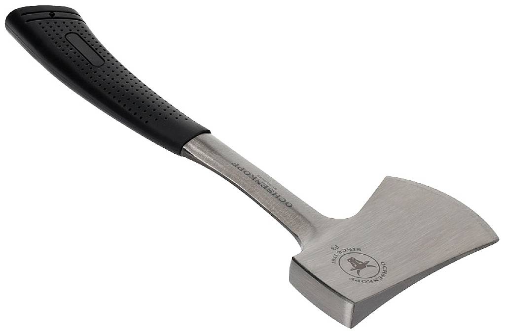 Eine silberne Axt mit schwarzem Griff, geeignet für Outdoor-Aktivitäten wie Holzspalten oder Camping.