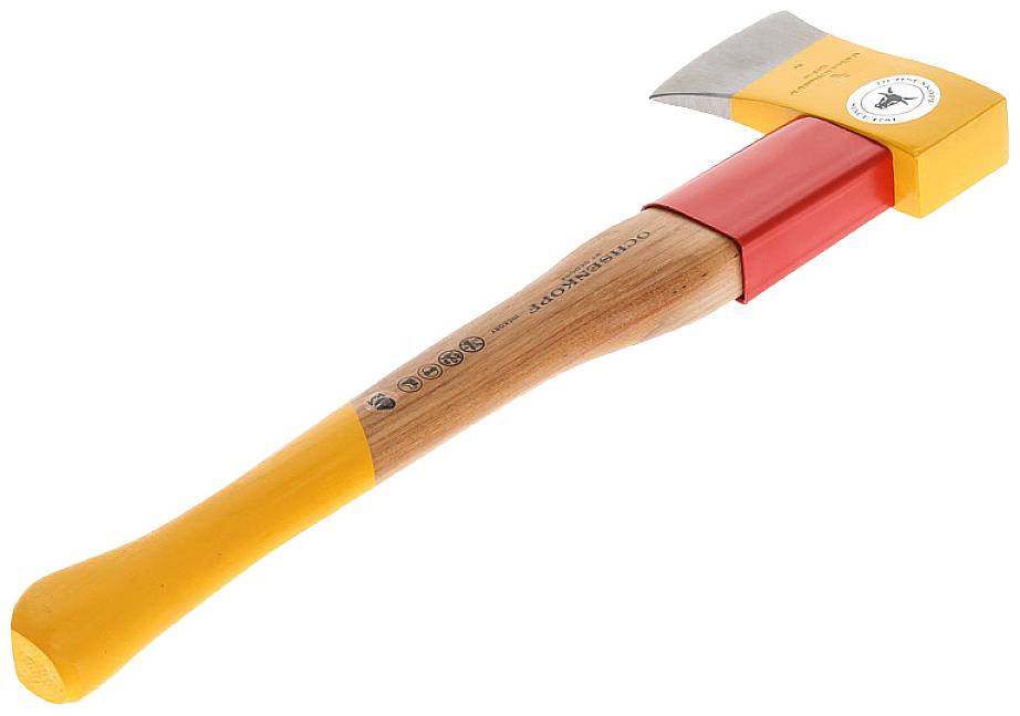 Handbeil mit gelbem Kopf und Holzgriff.