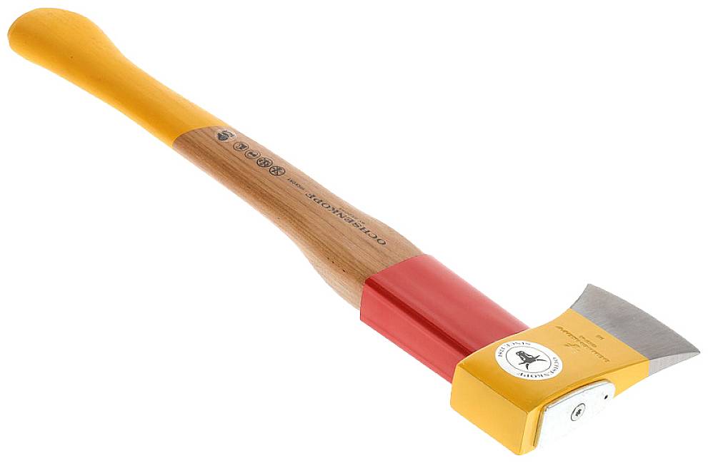 Ein bunter Holzspalthammer mit orange-gelbem Griff und rotem Kopf. Eignet sich zum Spalten von Holz.