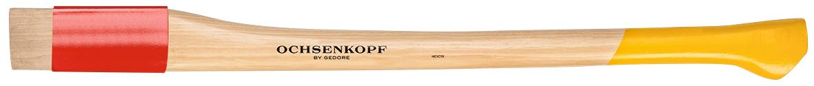 Holz-Axtstiel mit rotem und gelbem Farbende. Marke 'Ochsenkopf'.