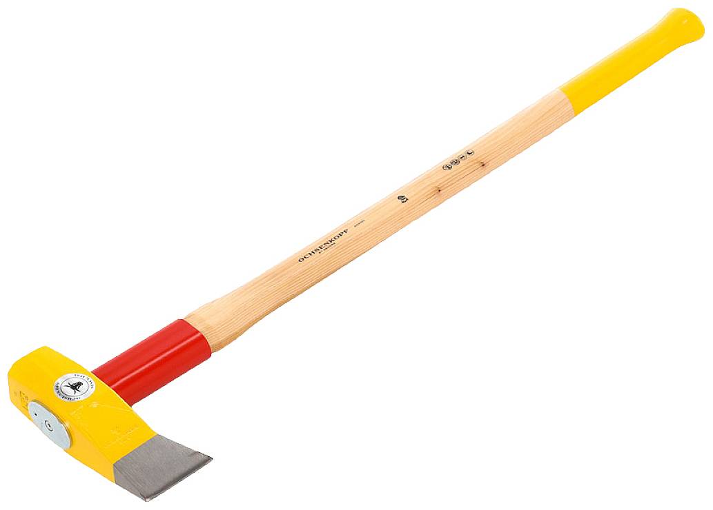Ein grüngelber Forsthammer mit Holzstiel, geeignet für den professionellen Einsatz in der Waldarbeit.
