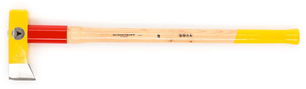 Holzspaltaxt mit gelbem und rotem Griff und einer silbernen Klinge, verwendet zum Spalten von Holz.