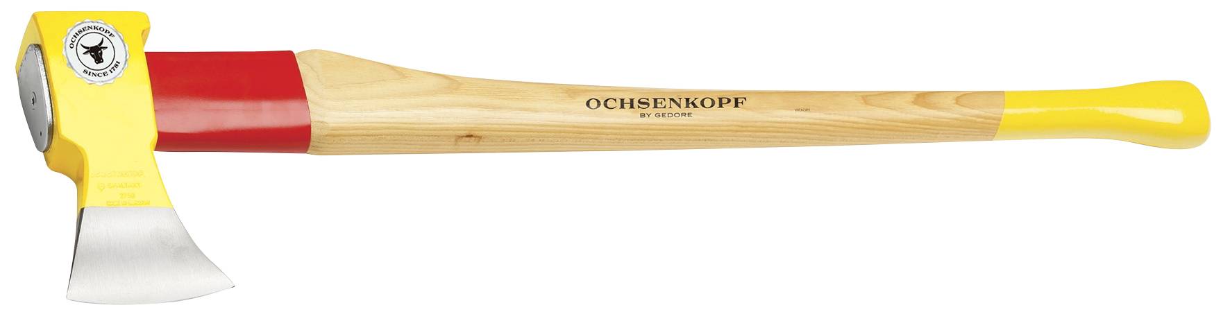 Axt mit Holzgriff und gelbem Kopf. Markenname 'Ochsenkopf' auf dem Griff. Geeignet zum Fällen und Spalten von Holz.