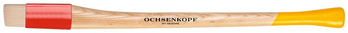 Holz-Axtstiel mit rotem und gelbem Griff, Marke 'Ochsenkopf', Modell 'OX E-620 H'.