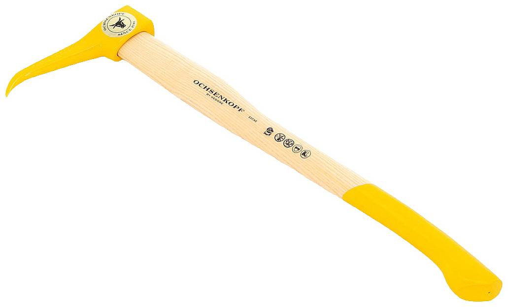 Ein gelber Bergsteigerpickel mit Holzgriff und gebogener Spitze. Geeignet für Kletteraktivitäten und alpine Expeditionen.