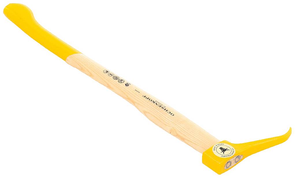 Ein gelber Feuerwehr-Werkzeugkralle mit Holzgriff, verwendet zum Öffnen von Türen und Fenstern in Notfällen.