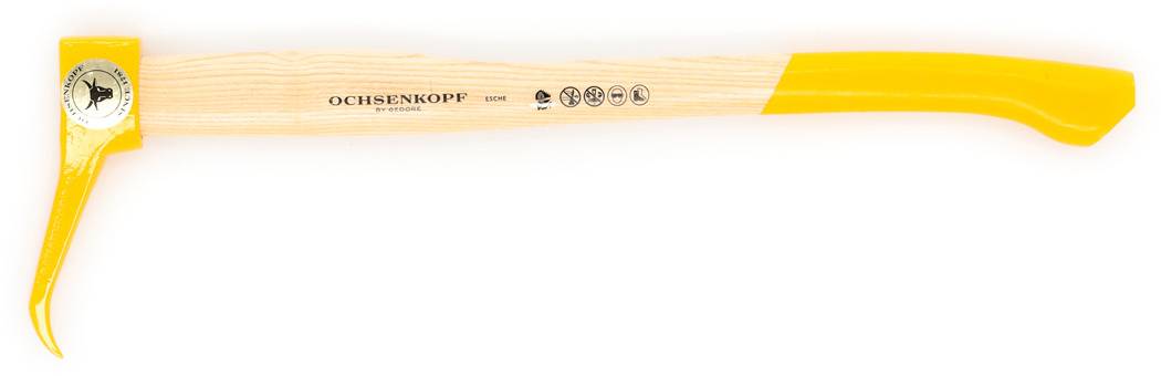 Axt mit gelbem Kopf und Haken, Holzgriff mit 'OCHSENKOPF'-Aufdruck, zur Holzverarbeitung.