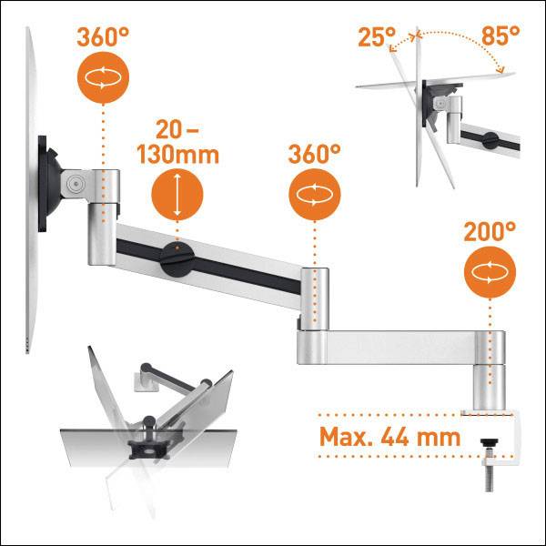 Durable 508323 Monitor-Tischhalterung 53,3 cm (21") - 96,5 cm (38") Silber Drehbar, Schwenkbar, Höhenverstellbar, Neigbar