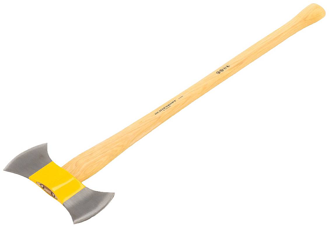 Doppelaxt mit langem Holzstiel und zwei Metallklingen, symmetrisch an beiden Enden befestigt.