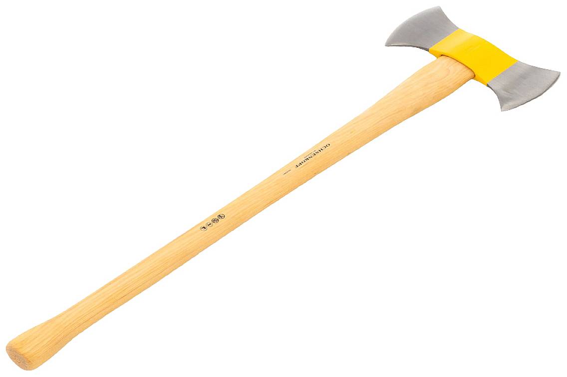 Doppelaxt mit Holzgriff und gelben Metallschutz am Kopf, zeigt zwei symmetrische Klingen.