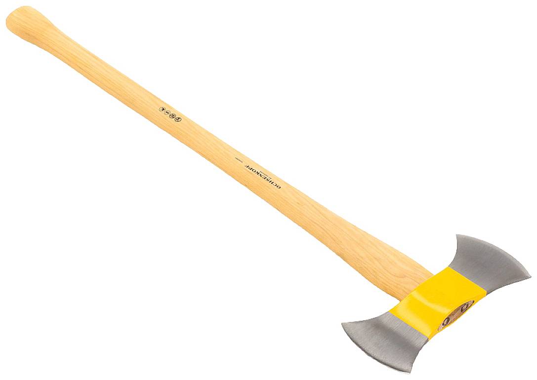 Holzaxt mit langem Holzgriff und doppelseitiger Klinge, geeignet für das Spalten und Fällen von Bäumen.