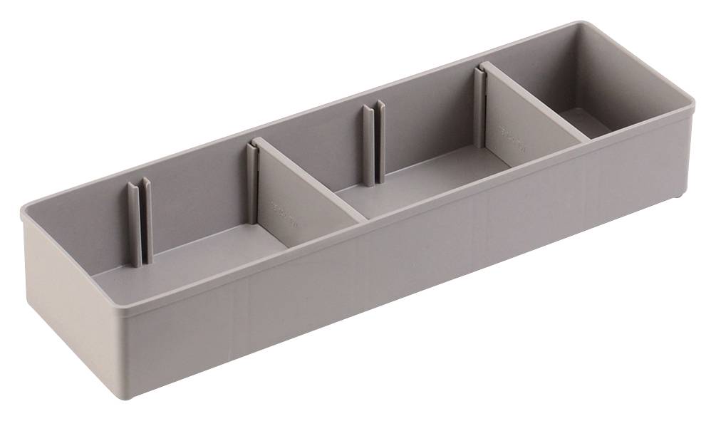 Graue Kunststoffeinsatzbox mit drei Fächern zur Aufbewahrung. Geeignet für Schubladen, bietet organisierte Platzierung von Gegenständen.
