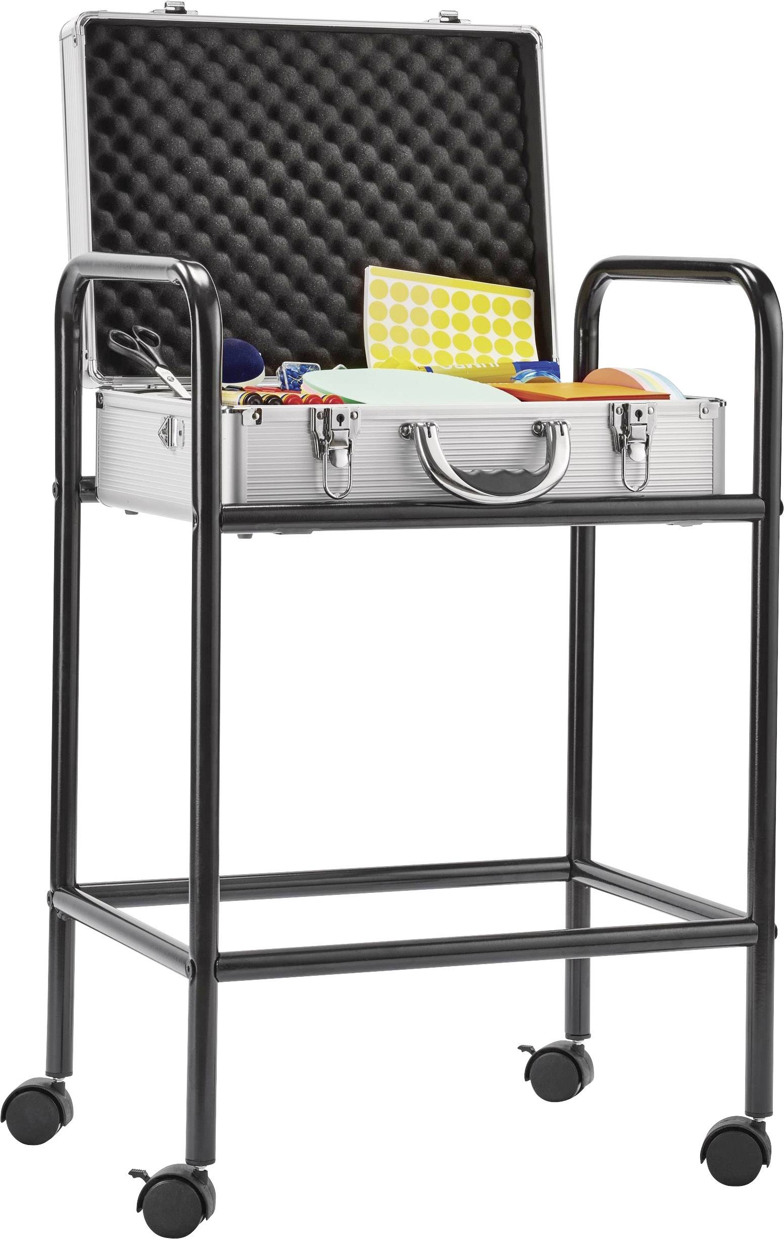 Offener silberner Koffer auf einem Rollwagen, gefüllt mit bunten Papierbögen und Stickern, geeignet für kreative Aktivitäten.