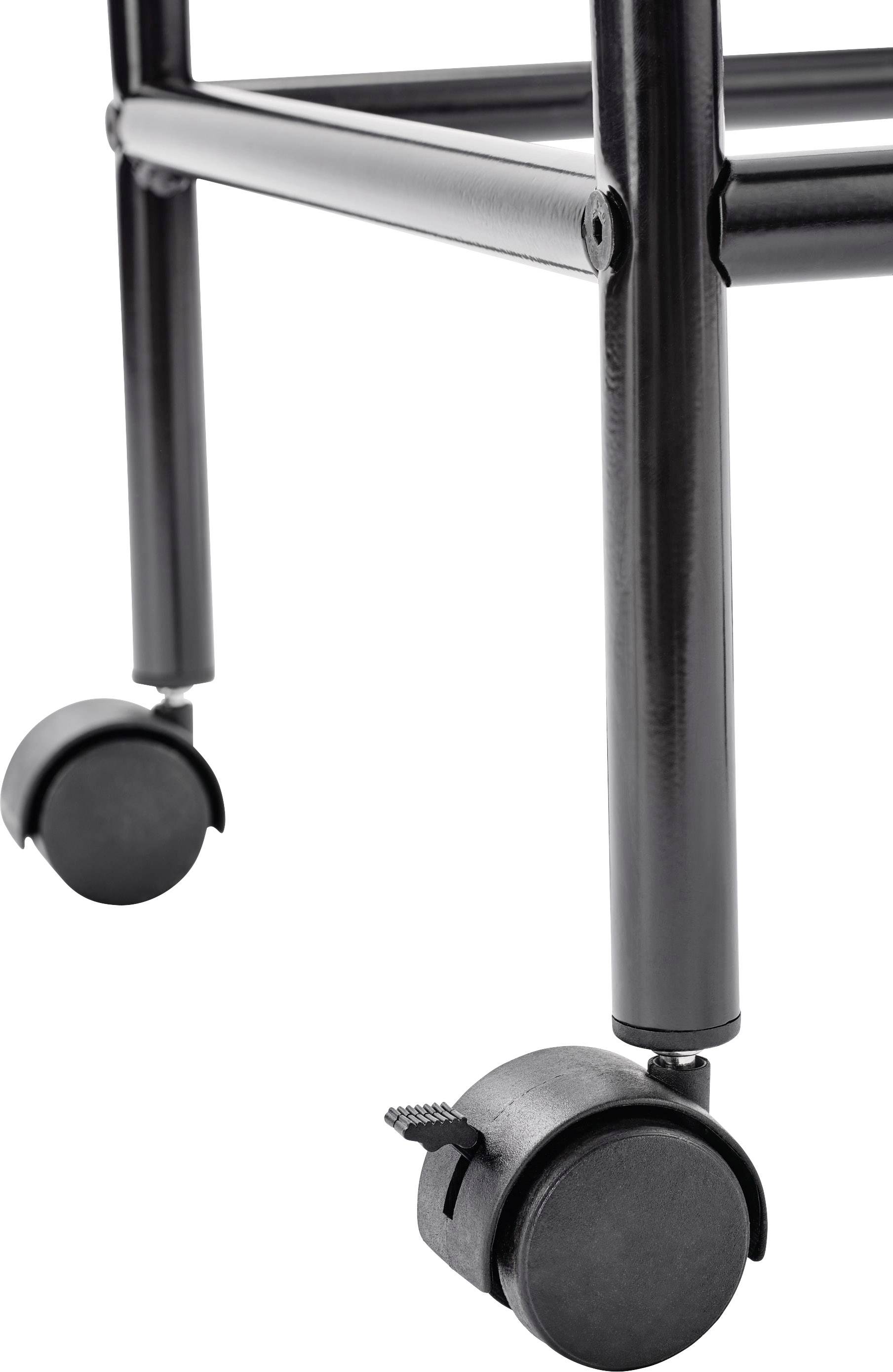 Schwarzes Stuhlbein aus Metall mit Rollen, Nahaufnahme der unteren Struktur und Rollen, geeignet für Büromöbel oder Werkstatt.