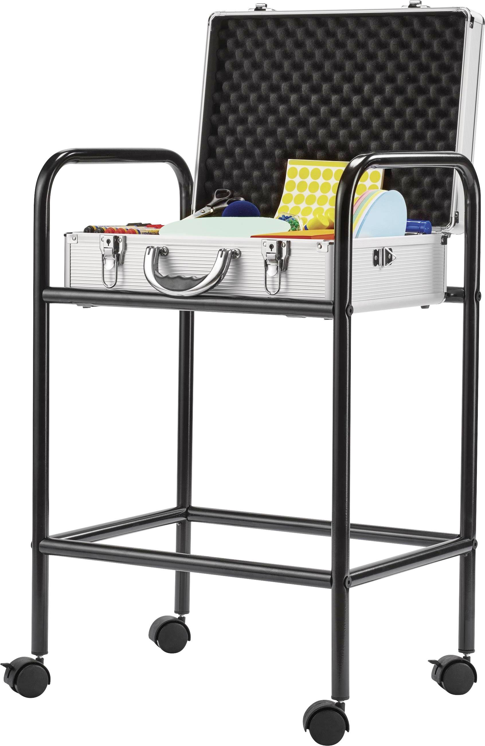 Ein offener Koffer auf einem Rollwagen, gefüllt mit bunten Bausteinen und Spielzeug, geeignet für kreative Aktivitäten.