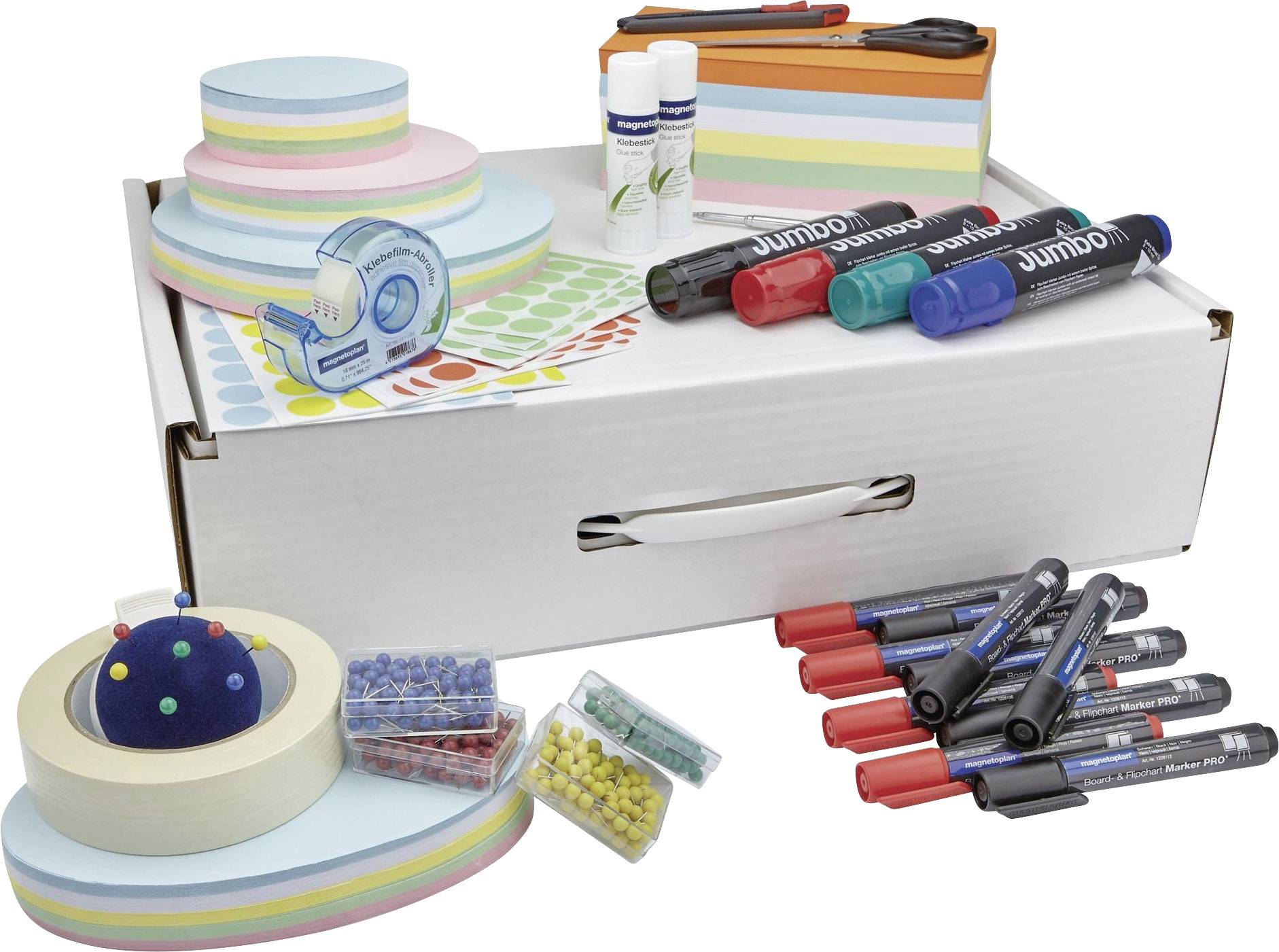 Ein Büroset mit Haftnotizen, Markern, Pinnnadeln, Klebeband, Stiften und einem Organizer. Perfekt für Büroarbeiten und Meetings.