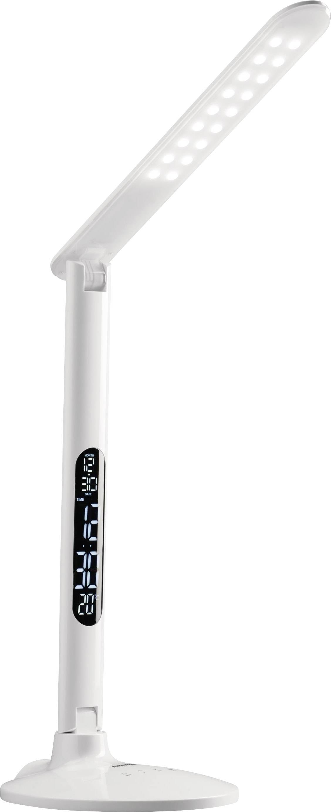 Weiße LED-Schreibtischlampe mit flexiblem Arm. Integrierte digitale Anzeige auf dem Ständer zeigt Uhrzeit, Datum und Temperatur.