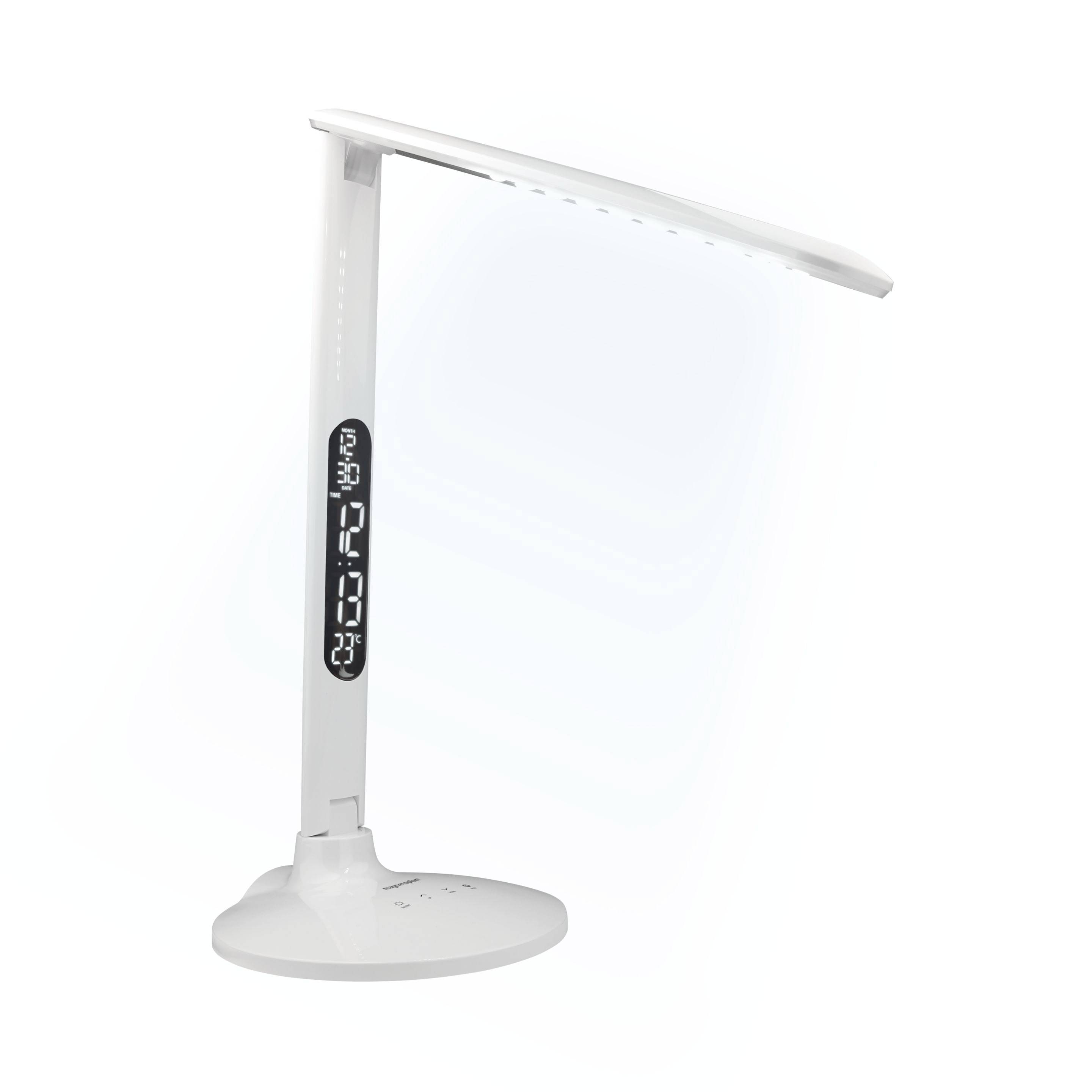 Weiße LED-Tischlampe mit integriertem digitalen Display, das Uhrzeit und Temperatur anzeigt, steht aufrecht.