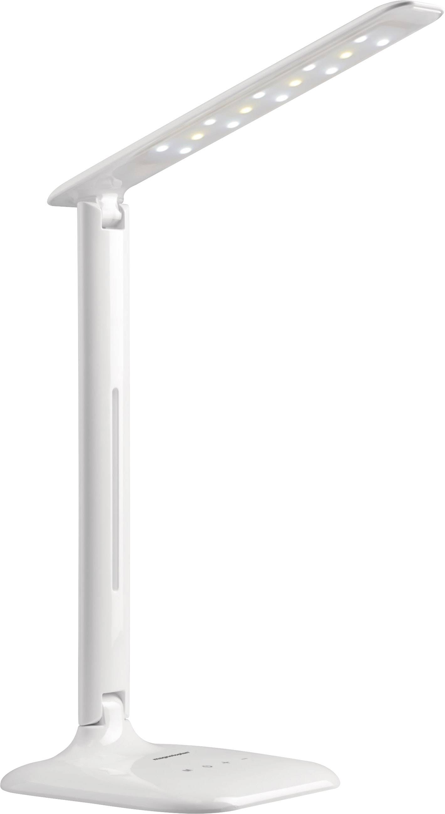 Eine schlanke, weiße LED-Schreibtischlampe mit einstellbarem Arm, geeignet für modernes Büro- oder Heimarbeitsplatz.