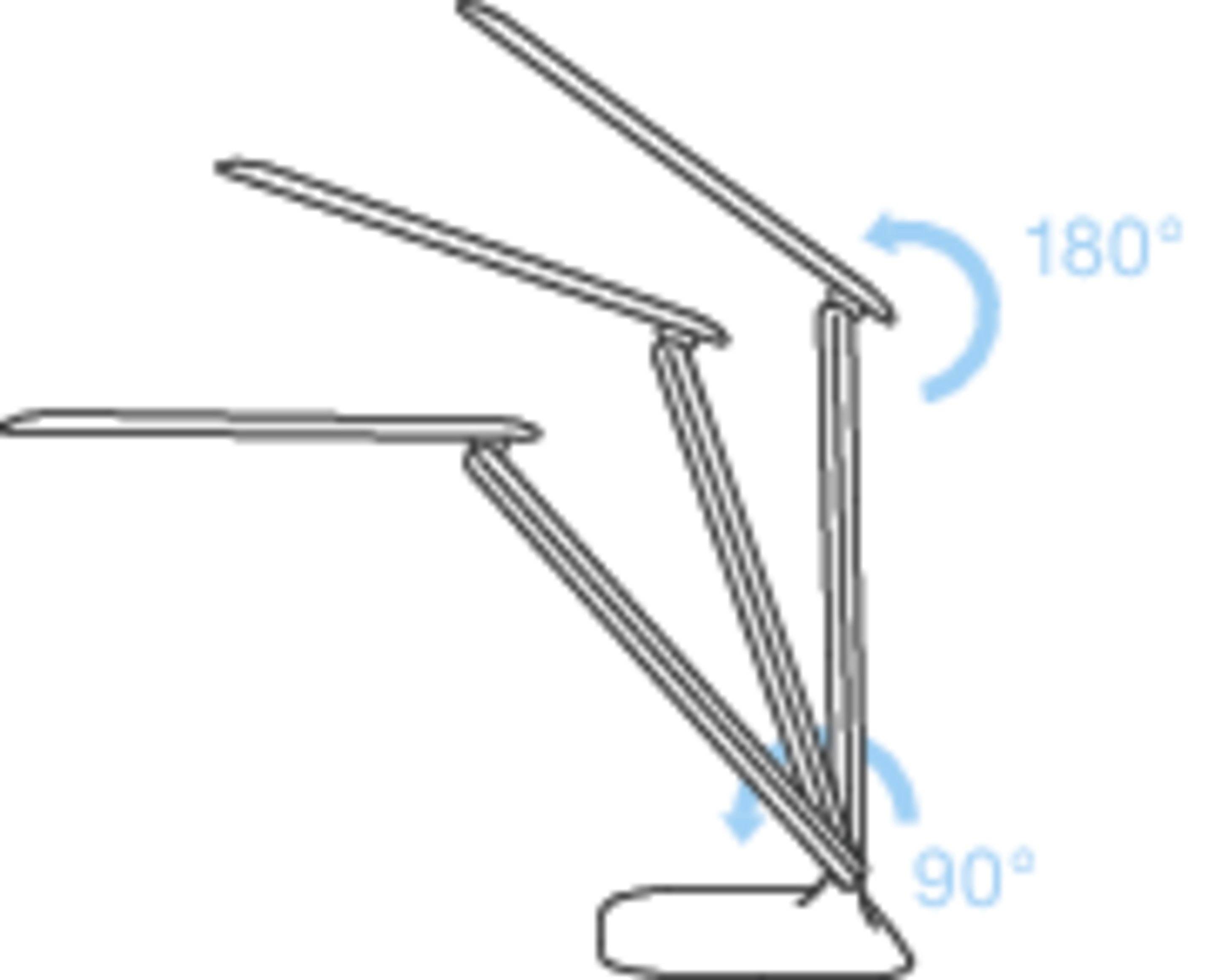 Stehlampe mit verstellbarem Arm, der in drei Positionen gezeigt wird: 180° nach oben, in einem Winkel von etwa 135° und 90° nach unten.