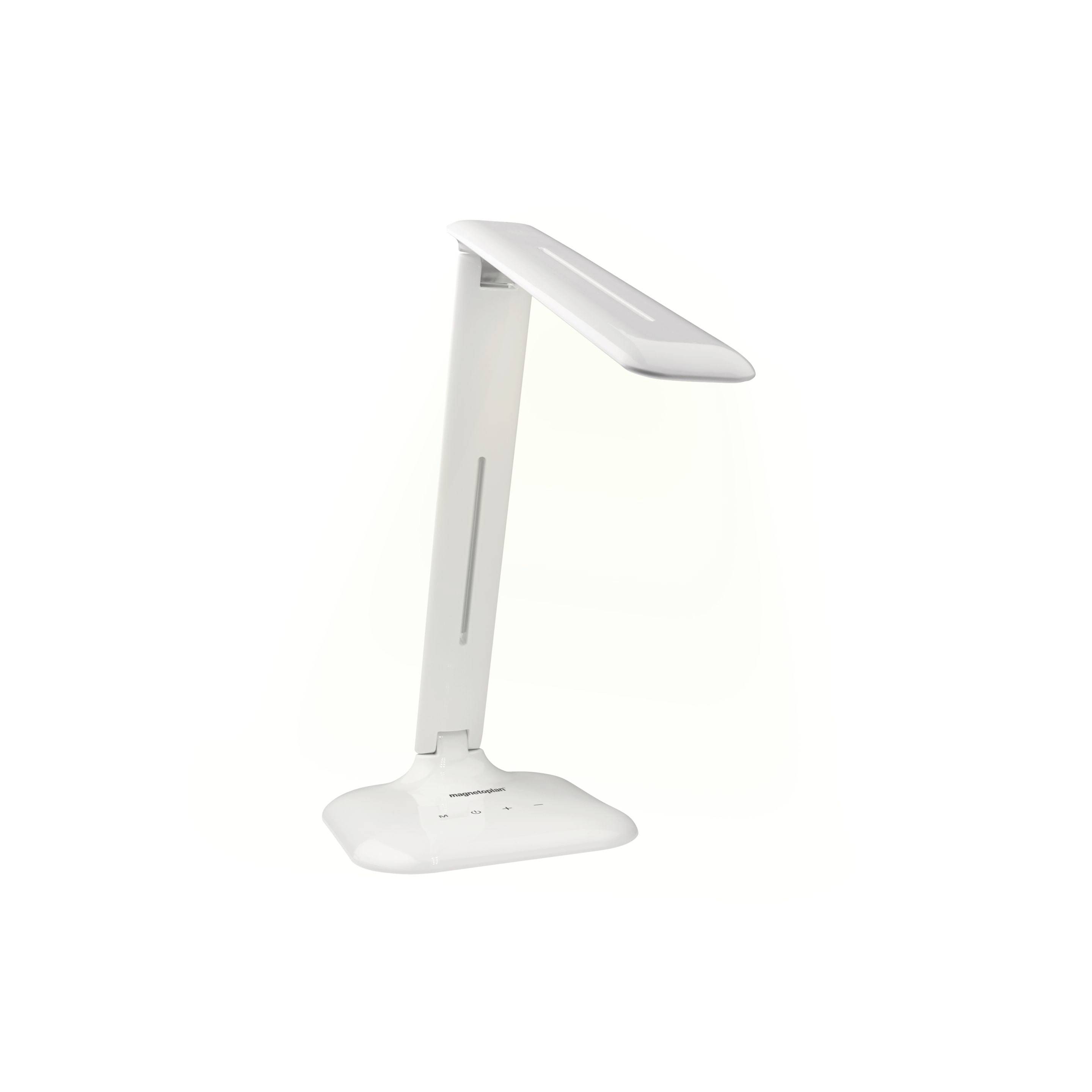 Weiße, schlanke LED-Schreibtischlampe, stehend aufrecht, modernes Design, ideal für Arbeitsbereiche.
