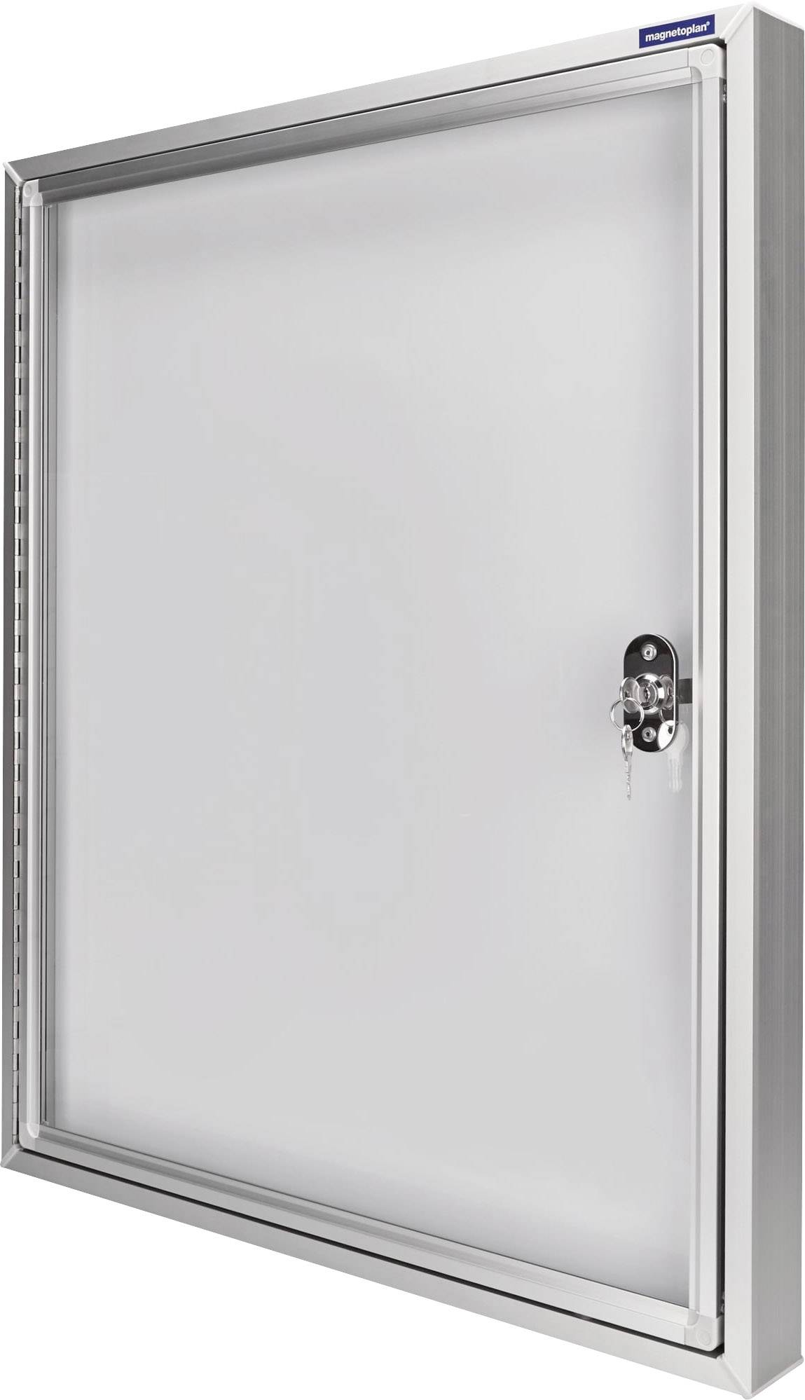 Abschließbare, silberne Aluminium-Schaukästen mit einem großen, durchsichtigen Vorderteil und einem Schloss mit Schlüsseln.