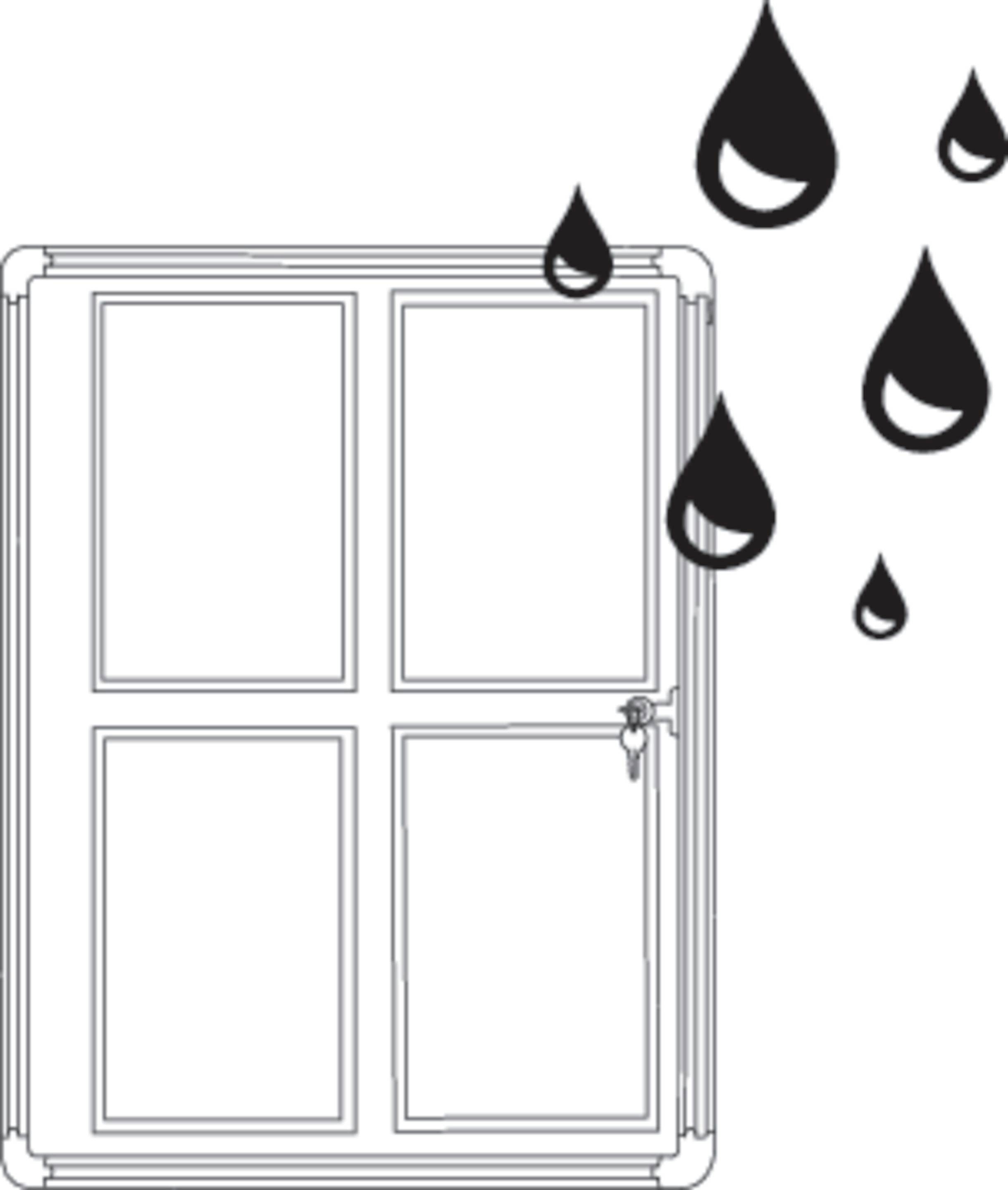 Ein Fenster mit Regentropfen, die von oben rechts herabfallen, symbolisiert Regenwetter oder mögliche Undichtigkeiten.