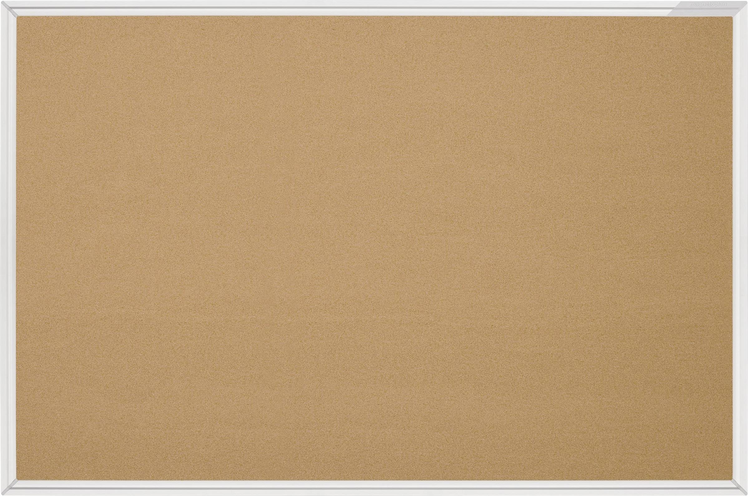 Pinnwand aus Kork mit weißem Rahmen, leer und bereit für Notizen oder Ankündigungen.