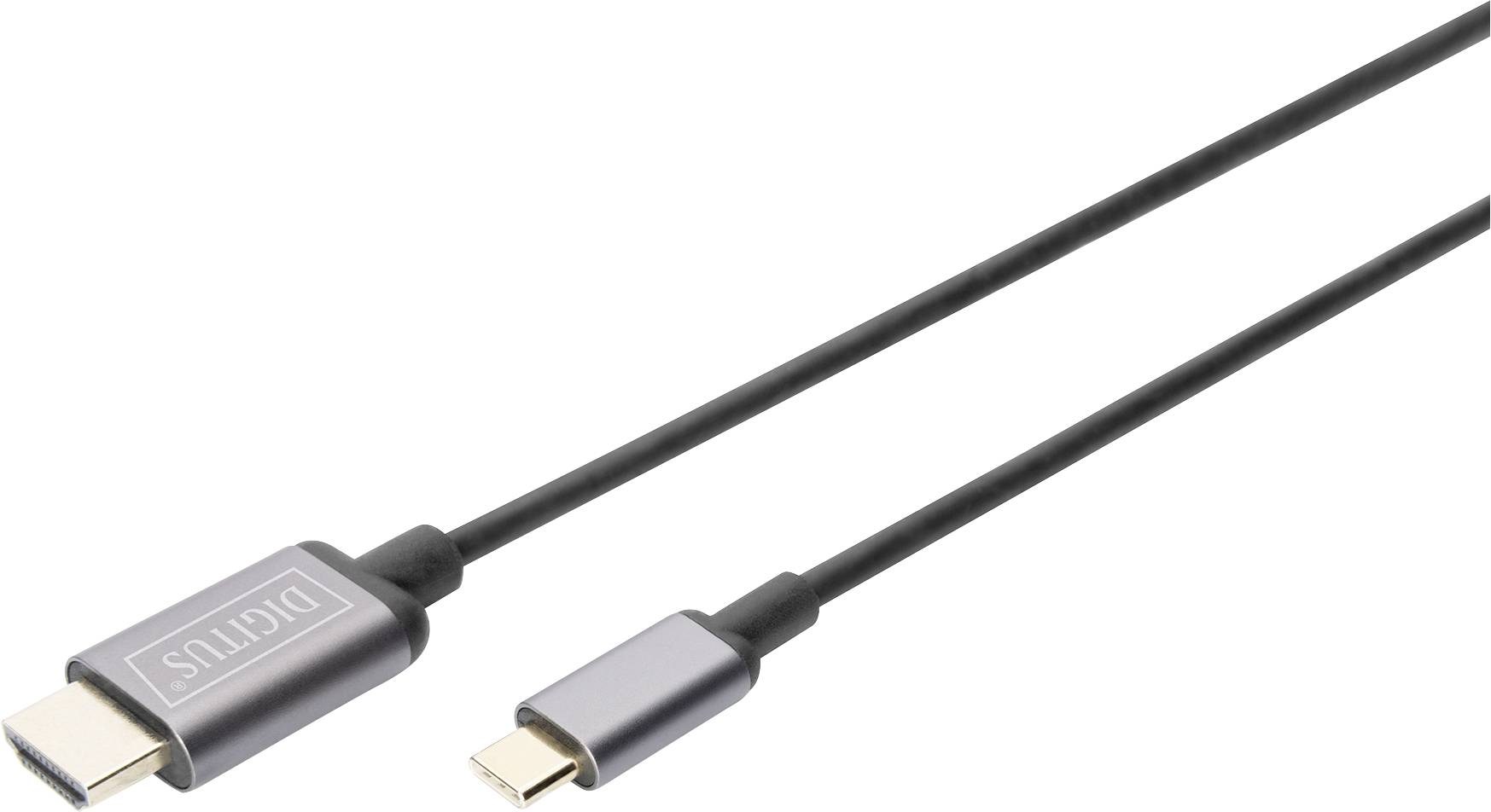 Ein schwarzes USB-C-auf-DisplayPort-Kabel, geeignet für die Verbindung von Laptops oder Tablets mit Monitoren oder Projektoren.