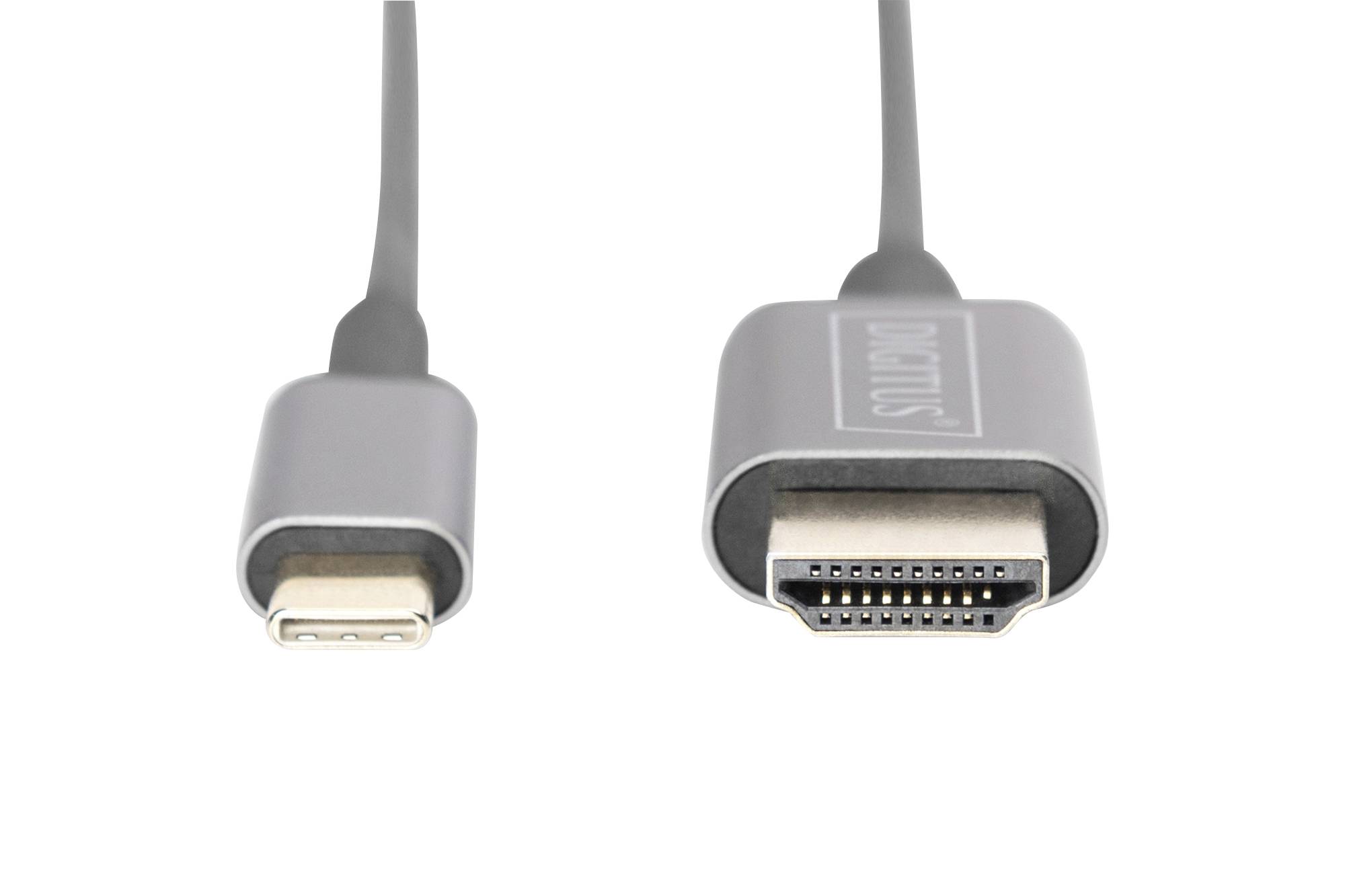 Zwei Kabelstecker, links ein USB-C-Stecker, rechts ein HDMI-Stecker.