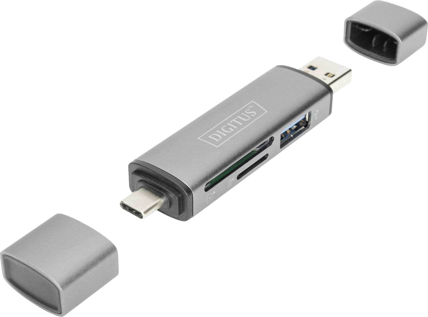 Ein USB-Hub mit mehreren Anschlüssen, darunter USB-C und USB-A, sowie Kartenlesegeräte. Die Abdeckungen sind abgenommen.