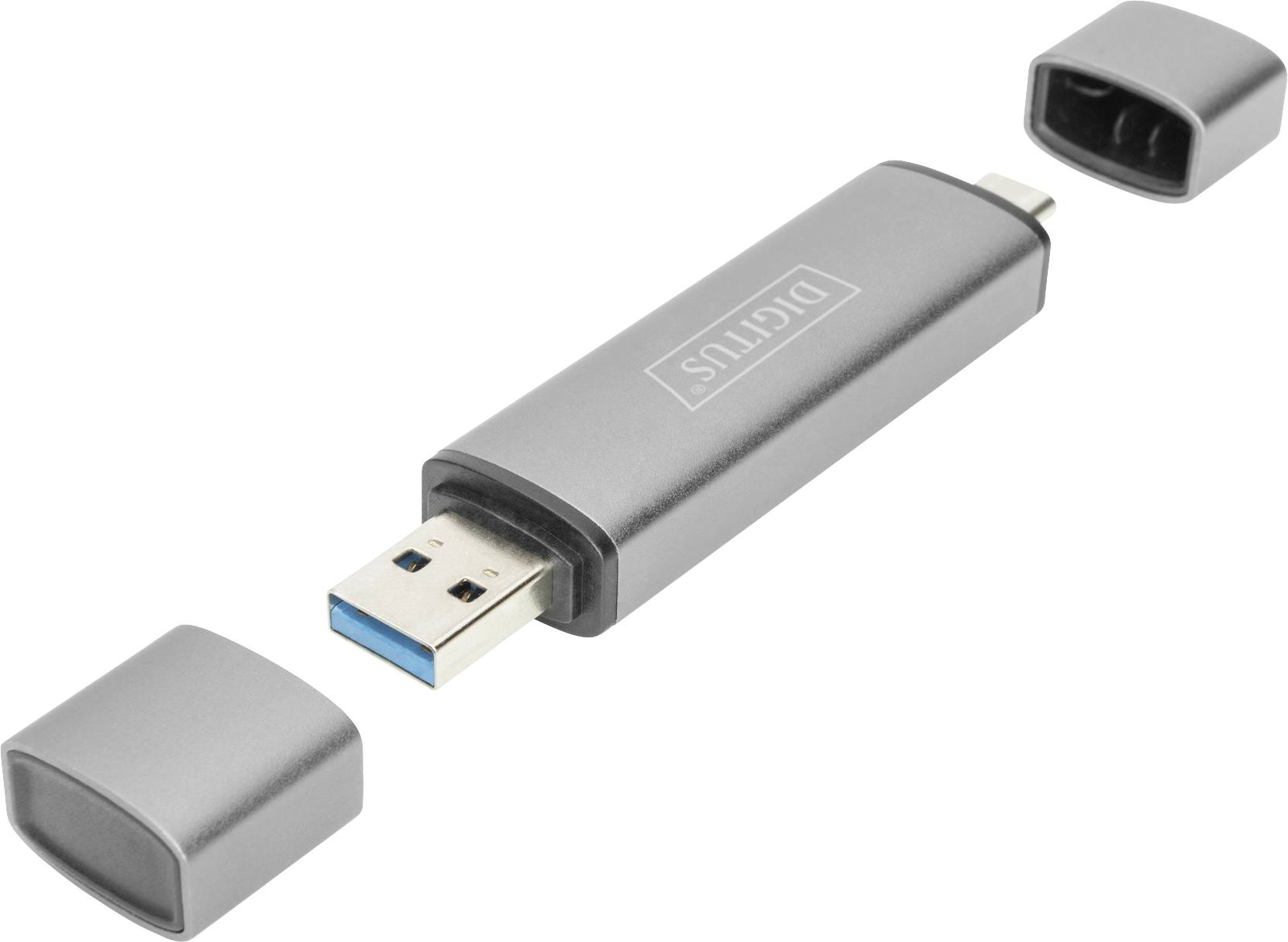 USB-Stick mit abgenommenen Kappen an beiden Enden, zeigt USB- und Micro-USB-Anschlüsse.