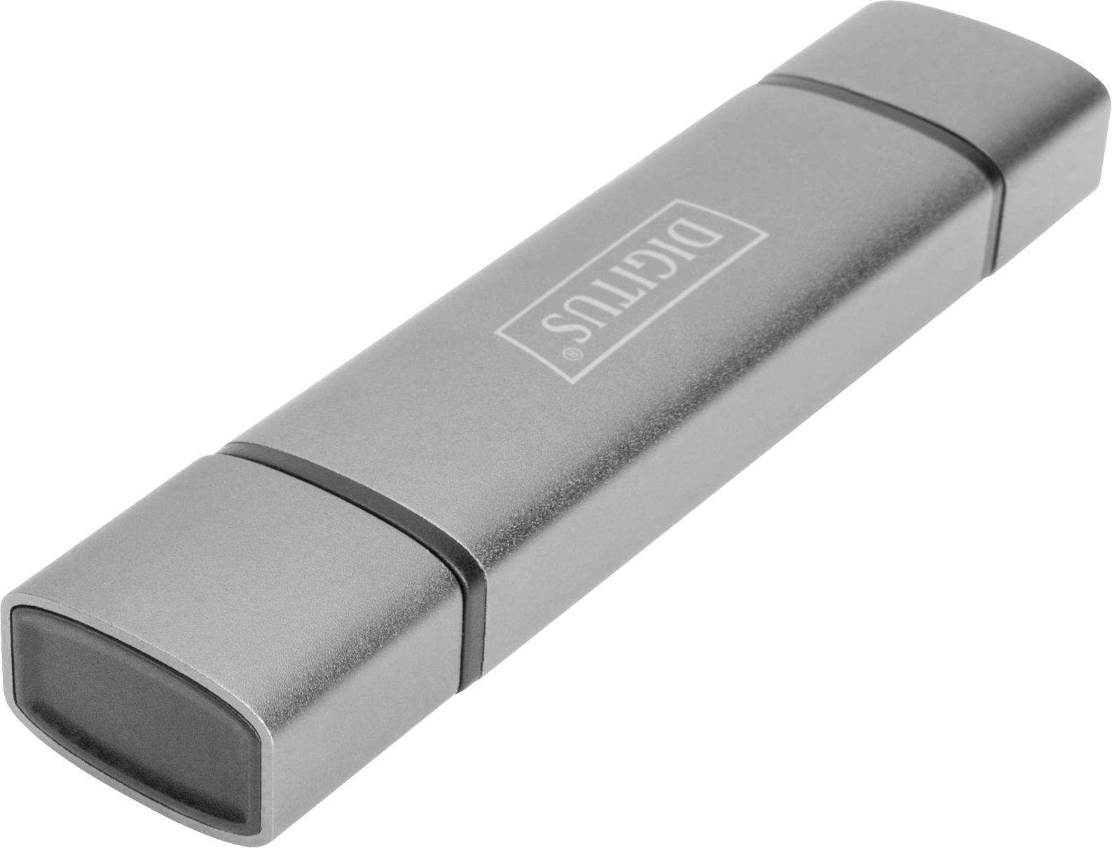 Metallischer USB-Stick mit der Aufschrift 'DIGITUS', zylinderförmig und silbern. Ideal zur sicheren, tragbaren Datenspeicherung.