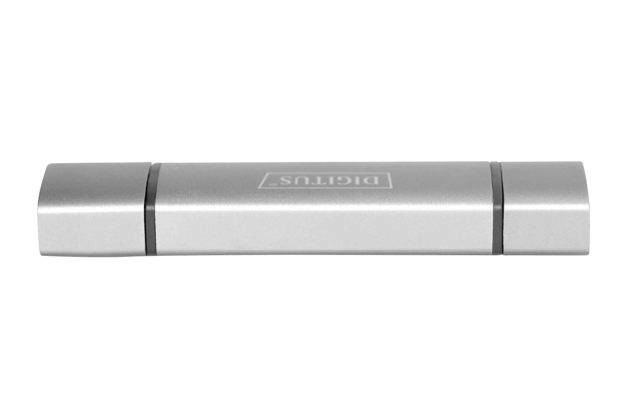 Grauer USB-Stick mit rechteckigem Design und zwei schwarzen Ringen an den Enden. Mittig ist ein Logo eingraviert.